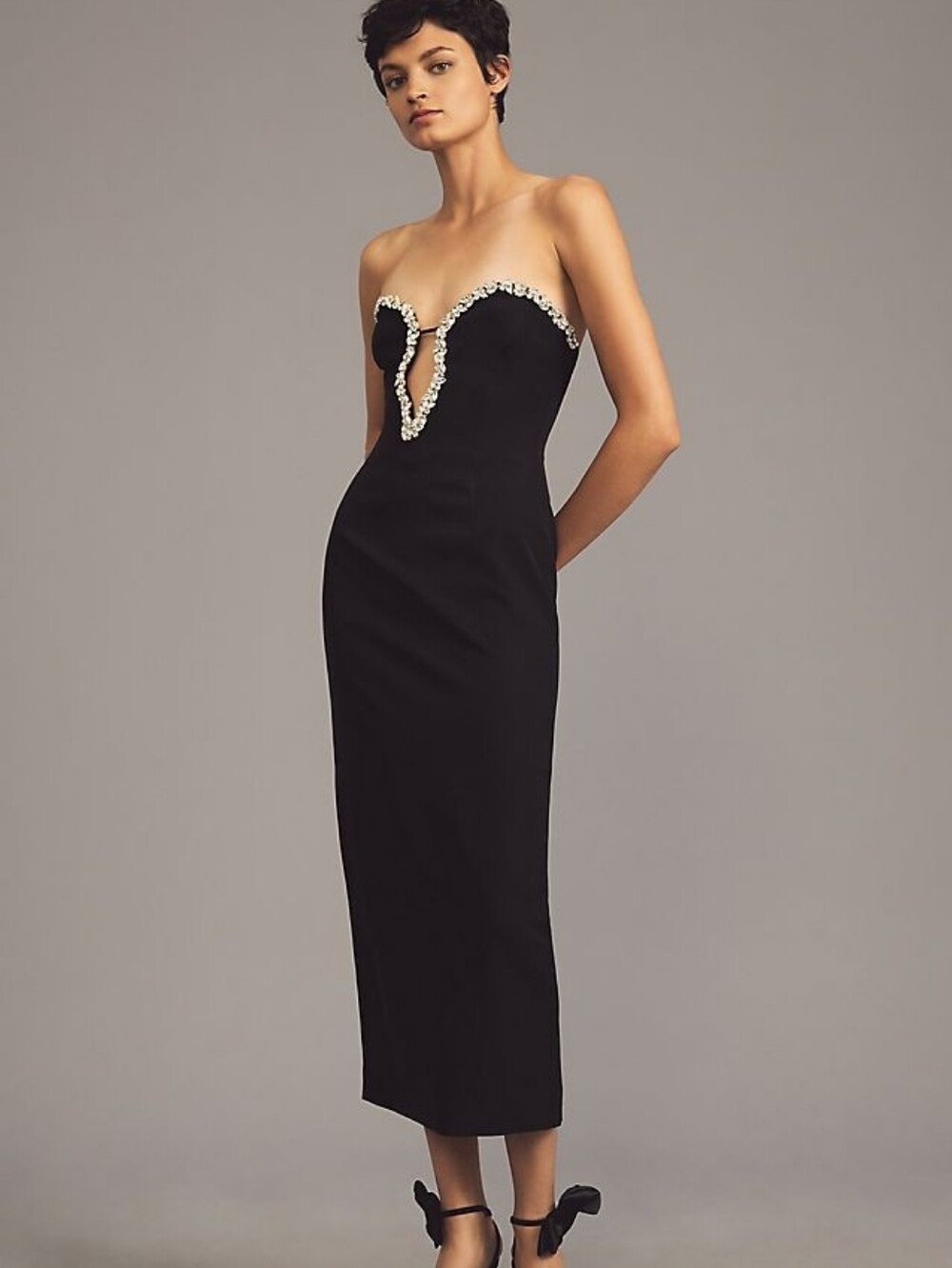 Anthropologie Bardot Eleni Diamante Black Strapless Midi Dress Embellished Trim